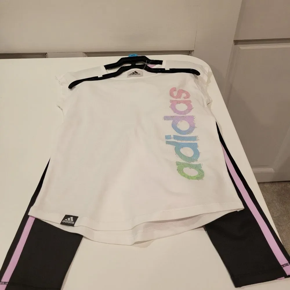 Girl's Adidas 3 Piece Set Tee Shirts and Pants Pink White Black Size 4T
